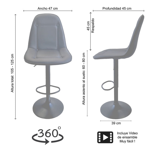 Banco para barra base negra, asiento acojinado con respaldo alto