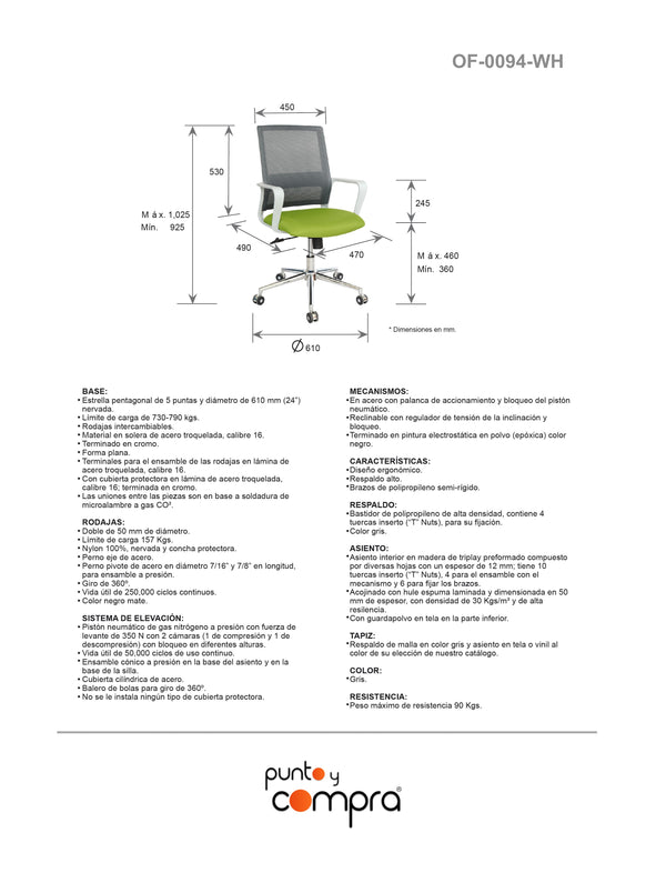 Silla operativa altura ajustable base blanca Mod OF-0094-WH