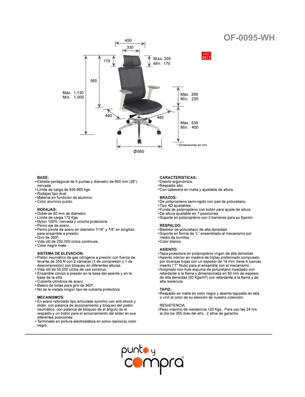 Silla operativa altura ajustable base blanca Mod OF-0095-WH